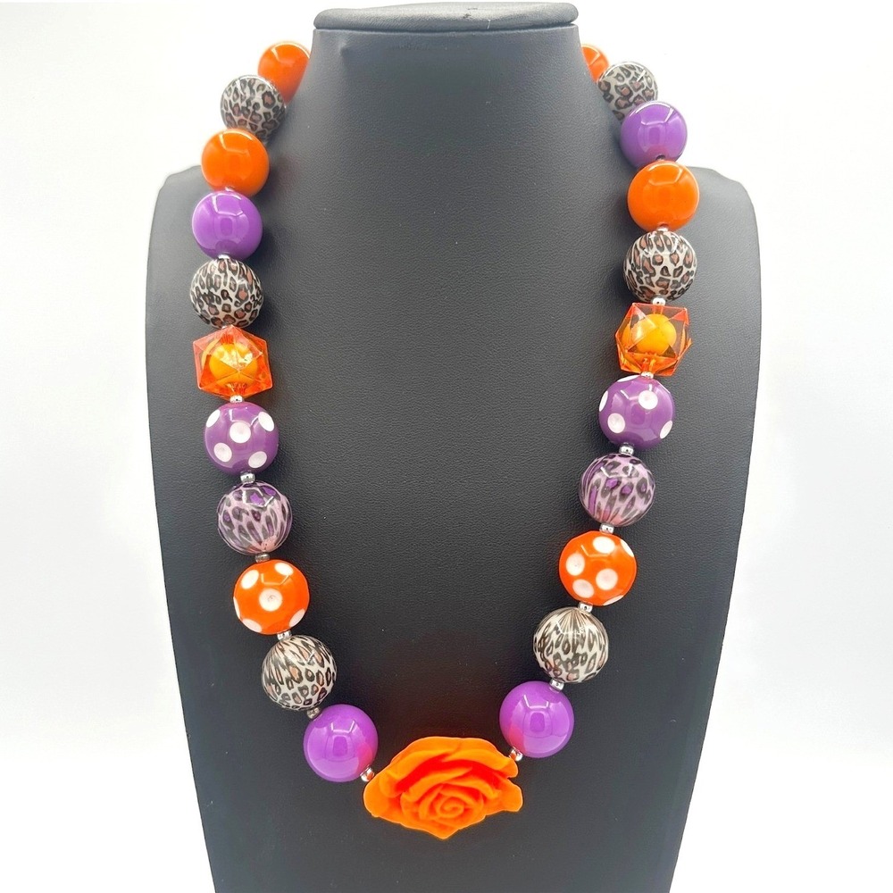 Vintage Chunky Bubble Bead Necklace Orange Rose Purple Polka Dot Leopard Y2K 90s